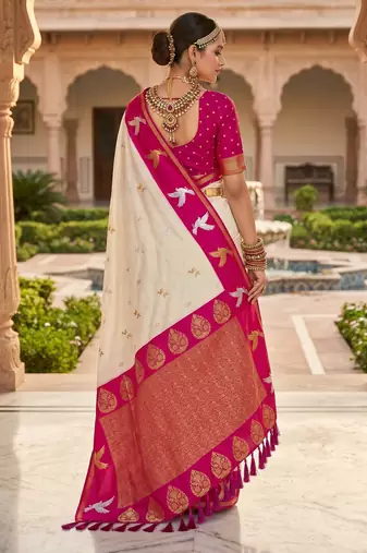 White soft silk blend saree with zari weaving meenakari design