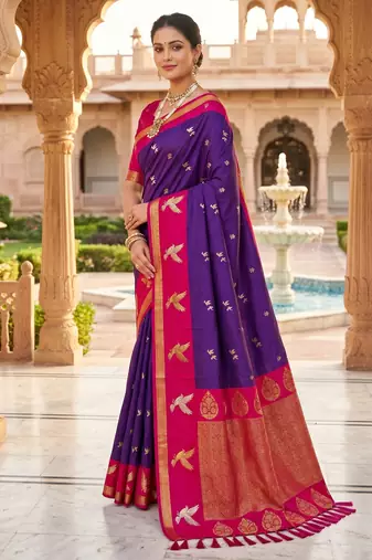 Purple soft silk blend saree with zari weaving meenakari design