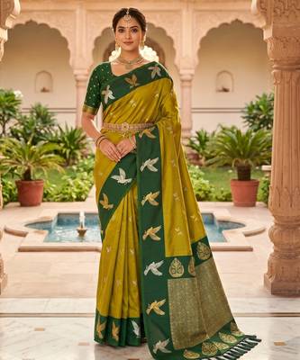 Lemon yellow soft silk blend saree with zari weaving meenakari design 1