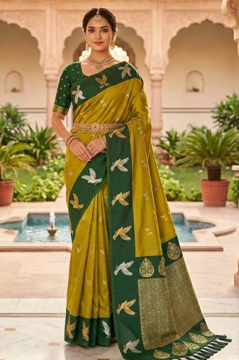 Lemon yellow soft silk blend saree with zari weaving meenakari design