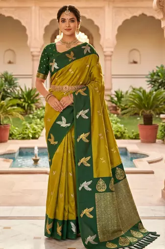 Lemon yellow soft silk blend saree with zari weaving meenakari design
