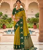 Lemon yellow soft silk blend saree with zari weaving meenakari design