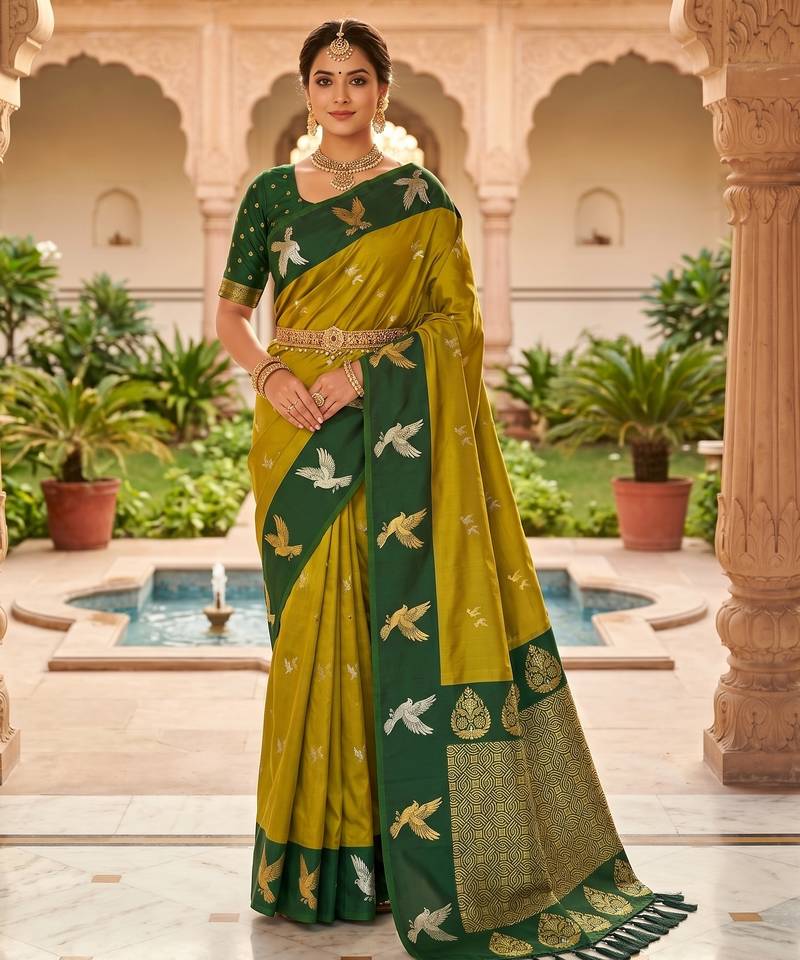 Lemon yellow soft silk blend saree with zari weaving meenakari design