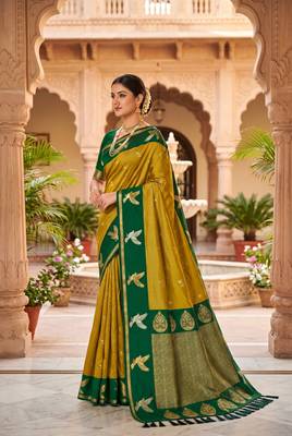 Lemon yellow soft silk blend saree with zari weaving meenakari design 2
