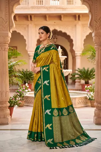 Lemon yellow soft silk blend saree with zari weaving meenakari design