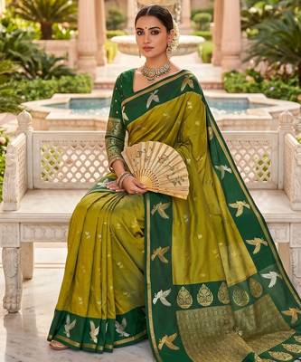 Lemon yellow soft silk blend saree with zari weaving meenakari design 3
