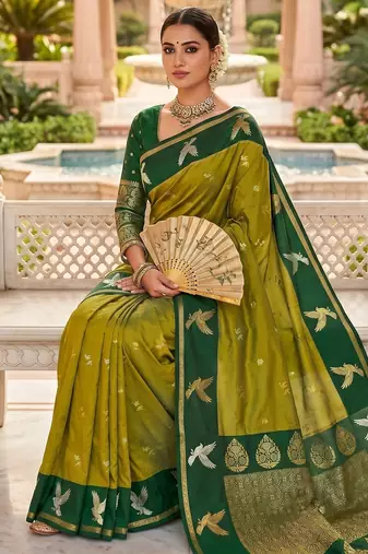 Lemon yellow soft silk blend saree with zari weaving meenakari design