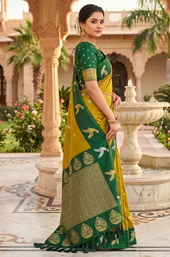 Lemon yellow soft silk blend saree with zari weaving meenakari design