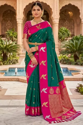 Sea green soft silk blend saree with zari weaving meenakari design