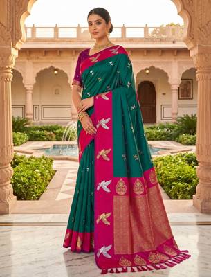 Sea green soft silk blend saree with zari weaving meenakari design 2