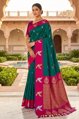 Sea green soft silk blend saree with zari weaving meenakari design