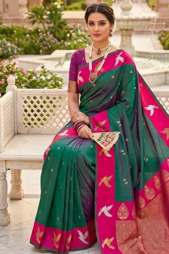 Sea green soft silk blend saree with zari weaving meenakari design