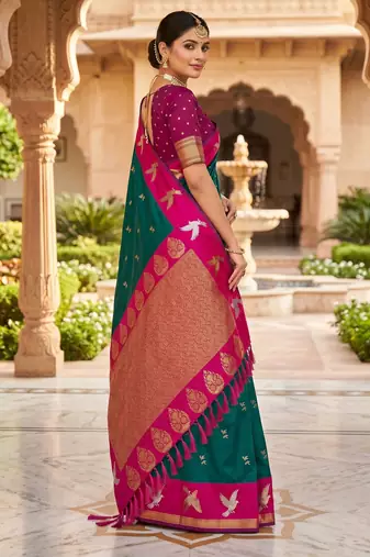 Sea green soft silk blend saree with zari weaving meenakari design