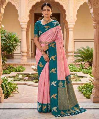 Peach soft silk blend saree with zari weaving meenakari design 1