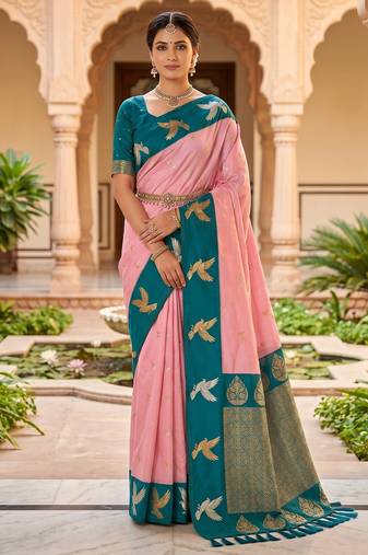 Peach soft silk blend saree with zari weaving meenakari design