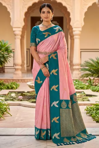 Peach soft silk blend saree with zari weaving meenakari design