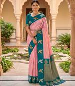 Peach soft silk blend saree with zari weaving meenakari design