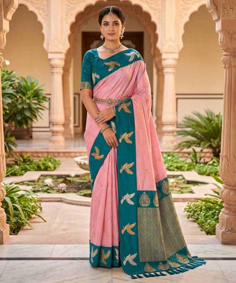 Peach soft silk blend saree with zari weaving meenakari design