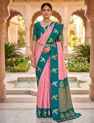 Peach soft silk blend saree with zari weaving meenakari design 2