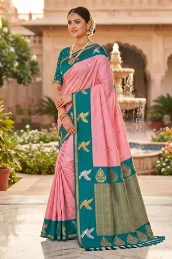 Peach soft silk blend saree with zari weaving meenakari design