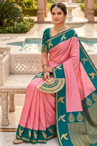 Peach soft silk blend saree with zari weaving meenakari design