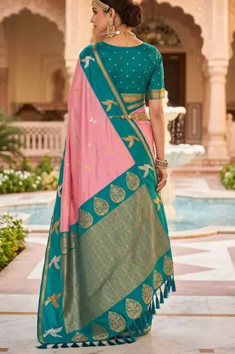 Peach soft silk blend saree with zari weaving meenakari design