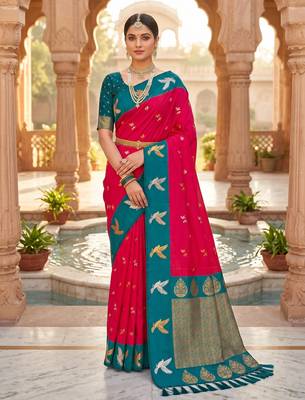 Pink soft silk blend saree with zari weaving meenakari design 1