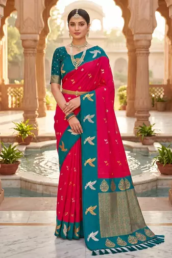 Pink soft silk blend saree with zari weaving meenakari design