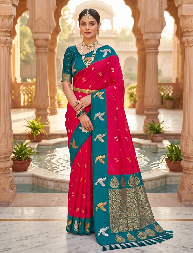 Pink soft silk blend saree with zari weaving meenakari design