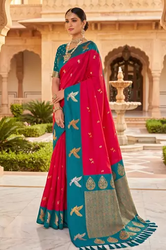 Pink soft silk blend saree with zari weaving meenakari design