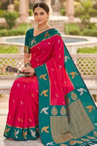 Pink soft silk blend saree with zari weaving meenakari design