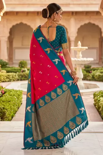 Pink soft silk blend saree with zari weaving meenakari design