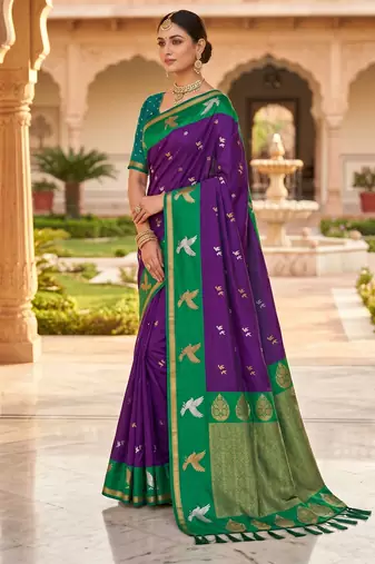 Wine soft silk blend saree with zari weaving meenakari design