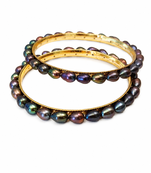 Pearl bangle set, dark iridescent freshwater pearls, gold-tone base