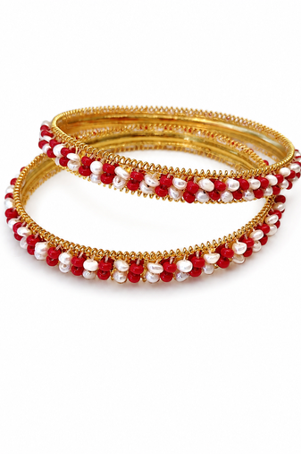 Pearl & red beaded gold-tone bangles, traditional indian jewellery,