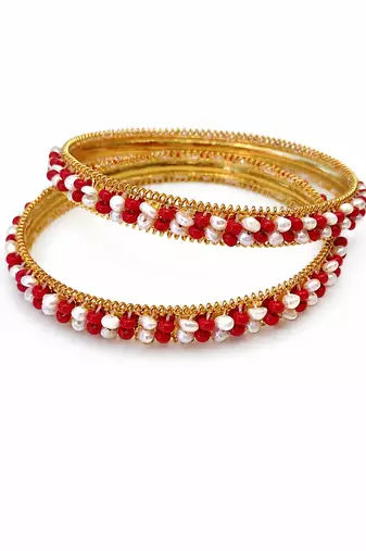 Pearl & red beaded gold-tone bangles, traditional indian jewellery,