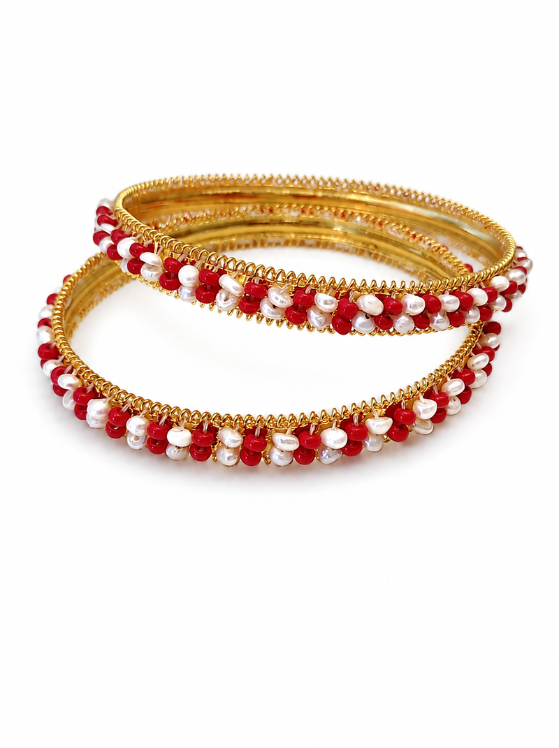 Pearl & red beaded gold-tone bangles, traditional indian jewellery,