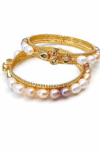 Pearl bangle set, gold-toned, openable, kundan embellished