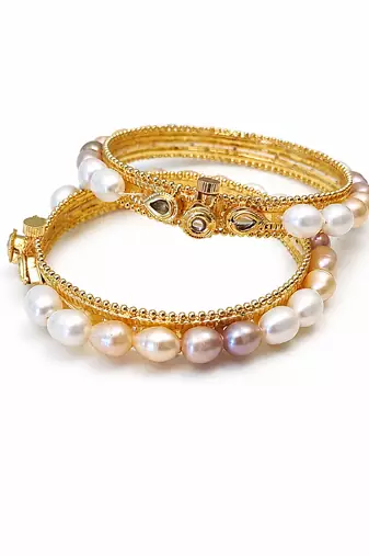 Pearl bangle set, gold-toned, openable, kundan embellished
