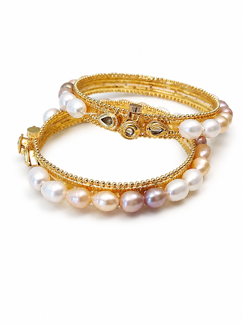 Pearl bangle set, gold-toned, openable, kundan embellished
