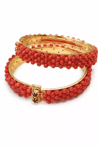 Coral beaded bangle set, red and gold tone, openable,