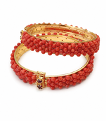 Coral beaded bangle set, red and gold tone, openable,