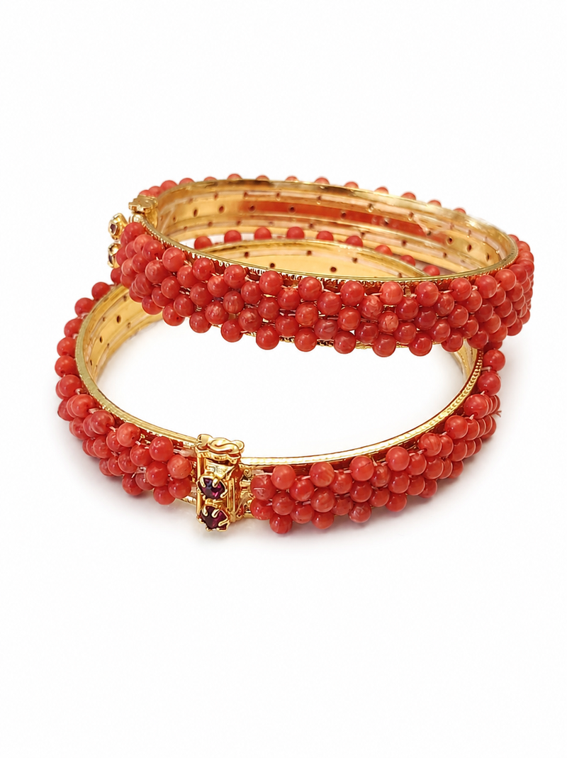 Coral beaded bangle set, red and gold tone, openable,
