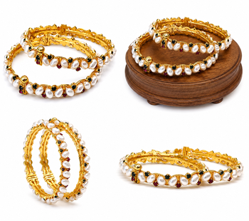 Pearl bangle set with ruby and black stone accents, gold-tone, openable 2