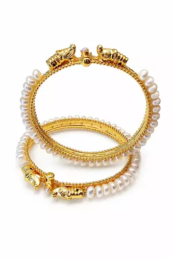 Pearl bangle set, gold-plated, white pearls, elephant motif,
