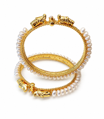 Pearl bangle set, gold-plated, white pearls, elephant motif,