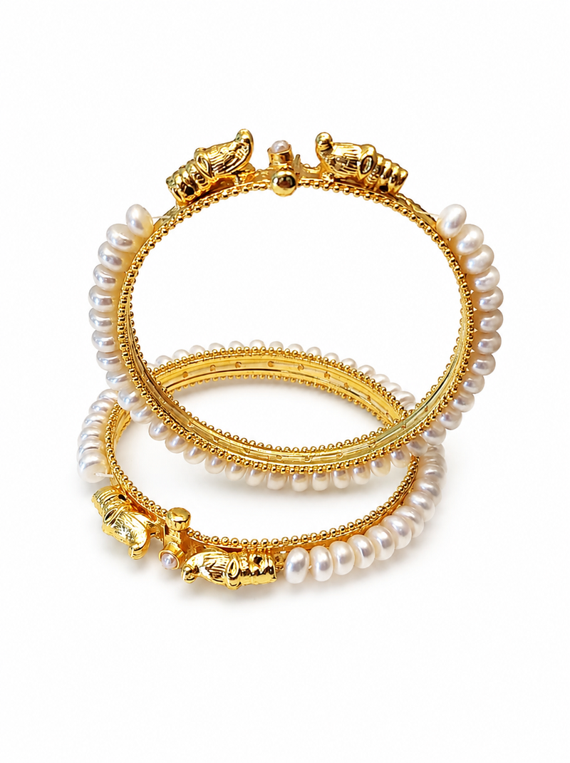 Pearl bangle set, gold-plated, white pearls, elephant motif,