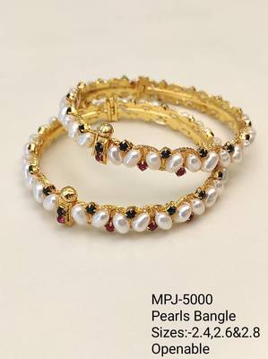 Pearl bangle set with ruby and black stone accents, gold-tone, openable 3
