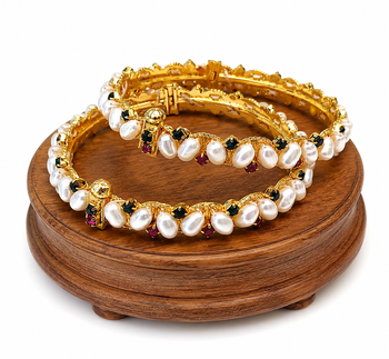 Pearl bangle set with ruby and black stone accents, gold-tone, openable 4