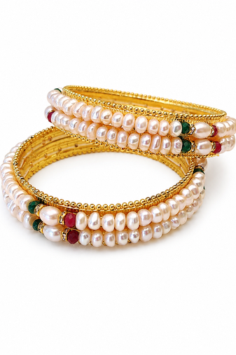 Pearl bangle with ruby and emerald beads, gold-toned, traditional style,